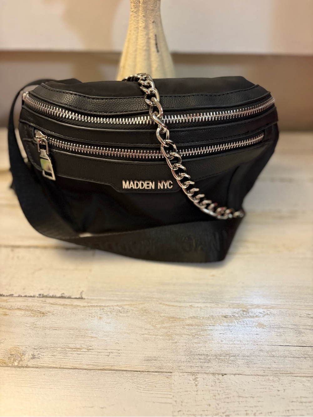 Madden NYC Black Nylon Chain-Accent Belt Bag